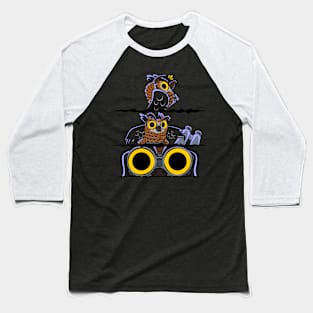 Hoo's There? | Funny Great Horned Owl Eyes Night With Binoculars Comic Baseball T-Shirt